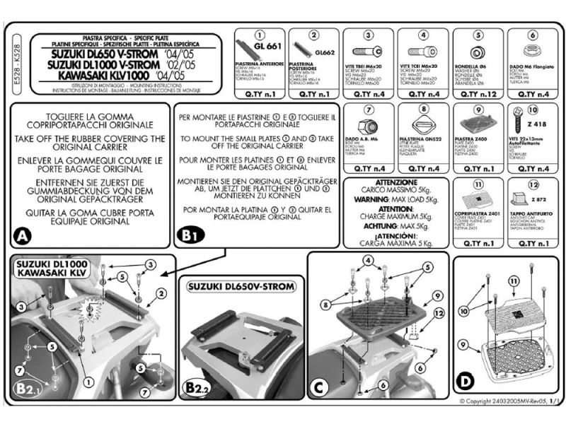 GIVI Monokey E Trägerplatte Suzuki DL 650 V-Strom (2004-2011) DL 1000 V-Strom (2002-2009) Kawasaki KLV 1000 (2004-2008)